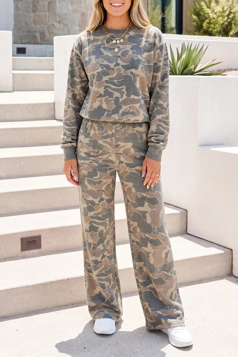 Camouflage Print Long Sleeve Top and Pants Set